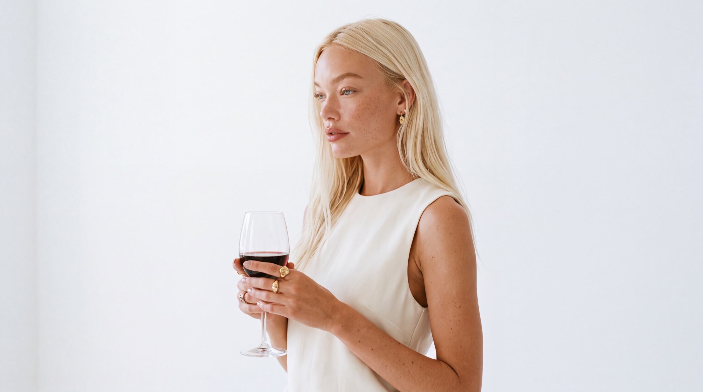 A woman in an ivory dress holding a glass of red wine